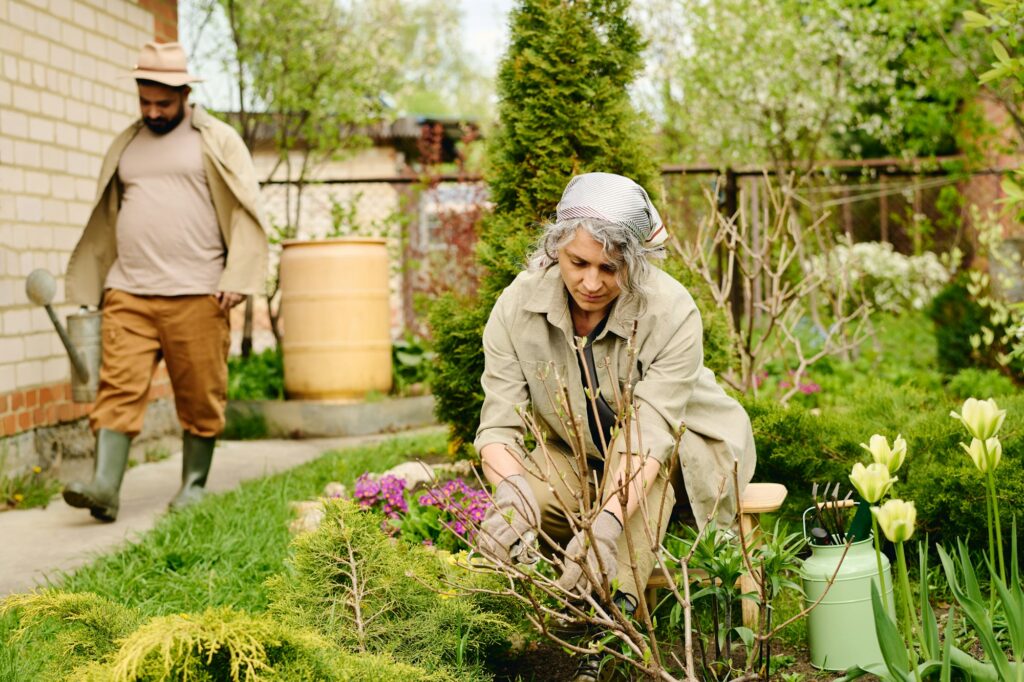 Gardener taking care of bush branches