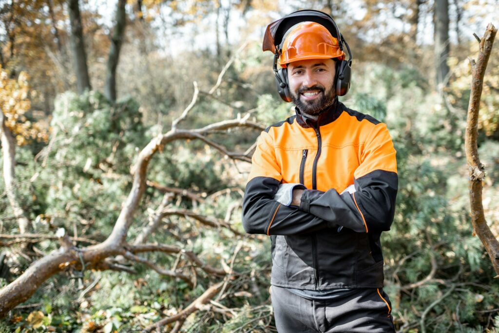 Professional lumberman in the forest