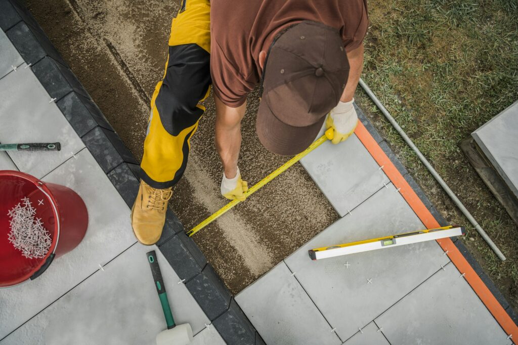 Small Architecture Worker Paving Residential Patio Area